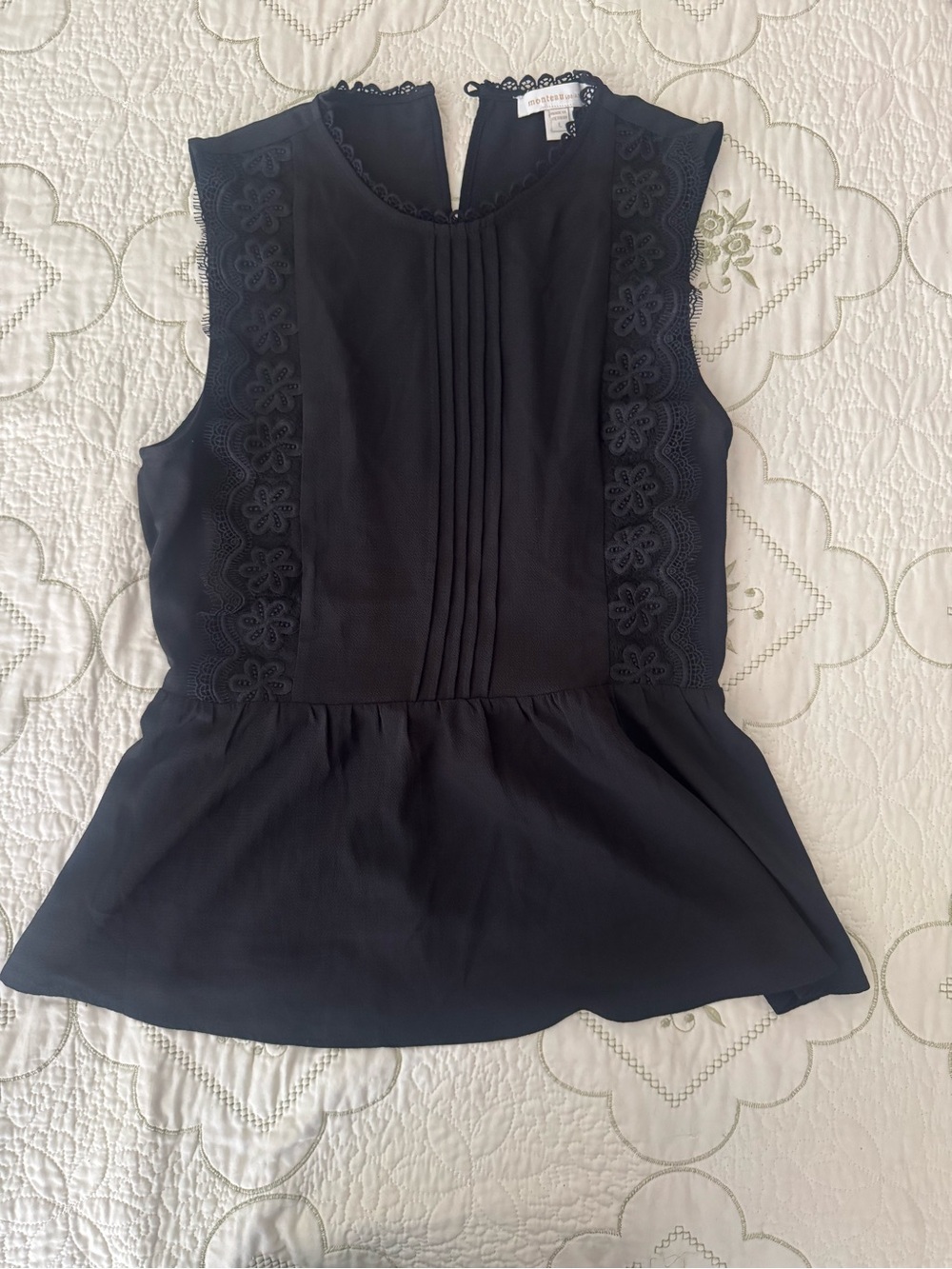 Monteau Black Sleeveless Peplum Blouse with Lace Panels